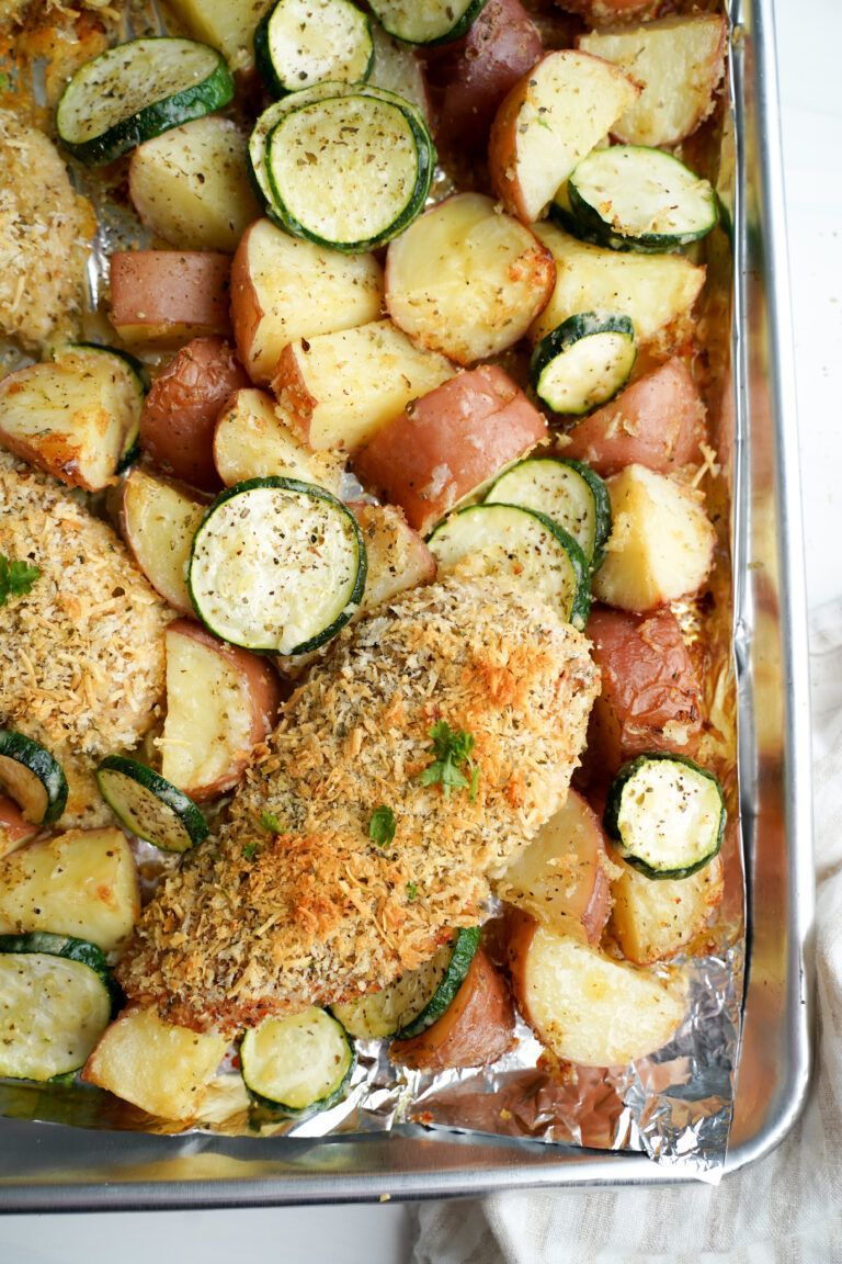 One Pan Parmesan Crusted Chicken With Potatoes And Zucchini