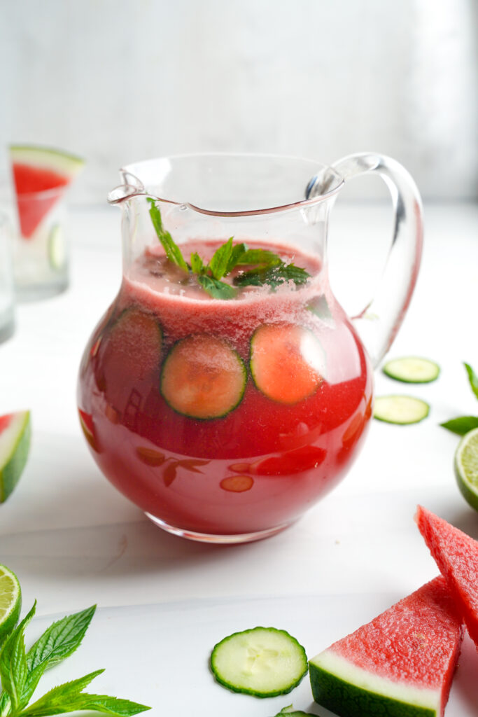 Watermelon Cucumber Cocktail in a pitcher | cookingwithcassandra.com