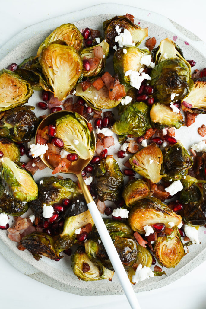 Pomegranates with  bacon roasted brussels sprouts | cookingwithcassandra.com