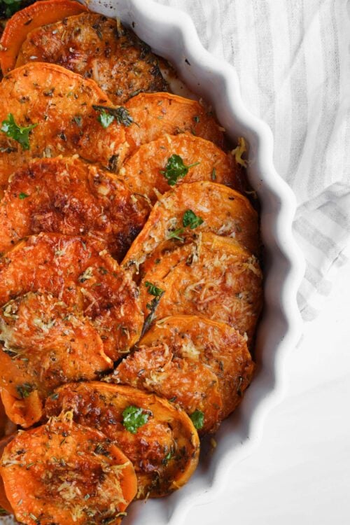 Oven Roasted Sweet Potatoes with Parmesan & Garlic Butter