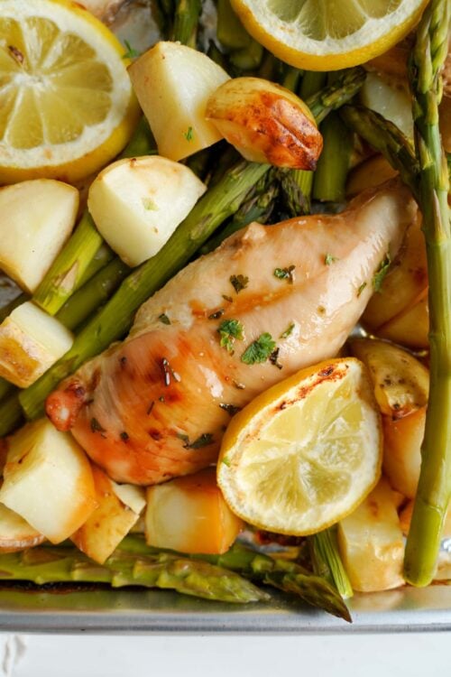 One Pan Honey Lemon Chicken With Asparagus & Baby Potatoes