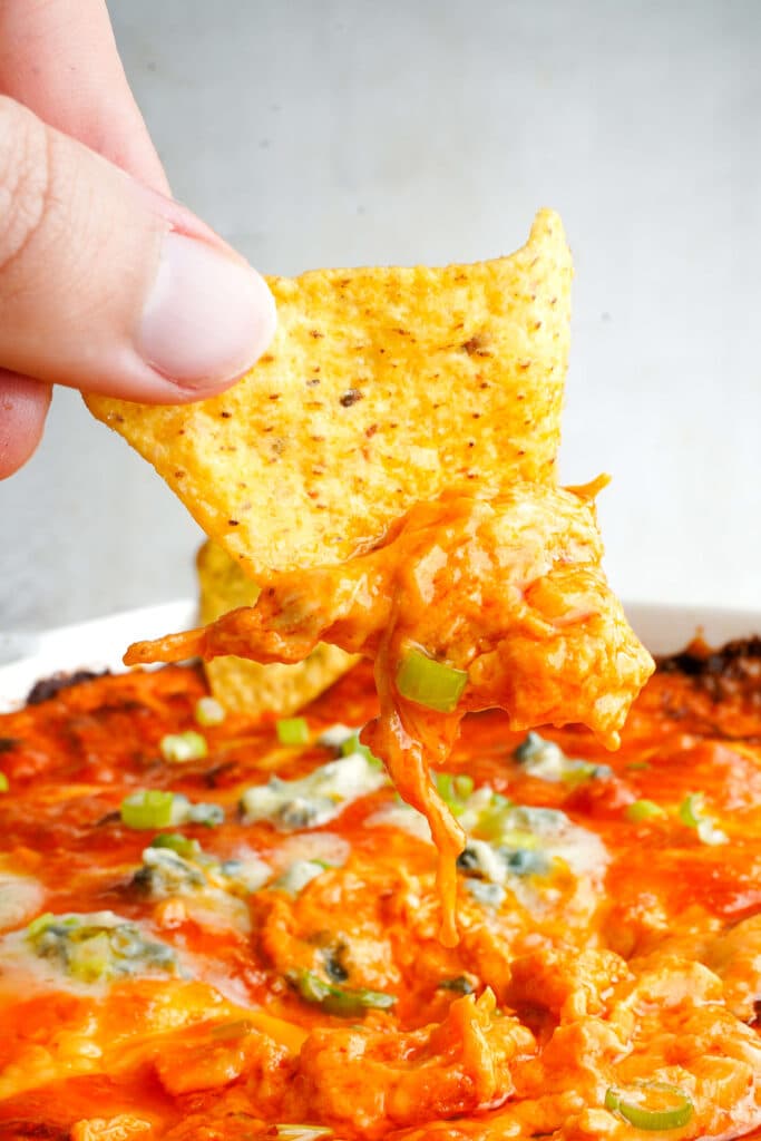 Tortilla chip dipped into creamy buffalo chicken dip with melted cheese and green onions